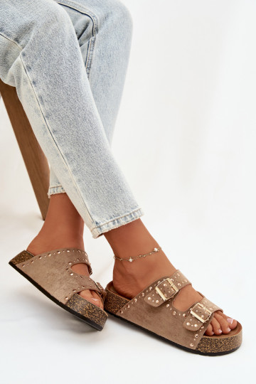 Damen khaki-farbene Pantoletten mit goldfarbenen Schnallen und Nieten Tervina