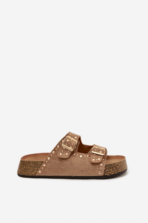 Damenhausschuhe Ze goldene Farbemi mit Schnallenmi Und Stollen Khaki-Farbe Tervina