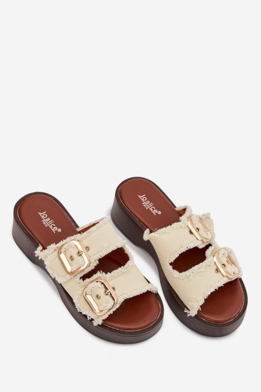 Damenhausschuhe mit einer Plattform Ze goldene Farbemi mit Schnallenmi elfenbeinfarbe Renelisse