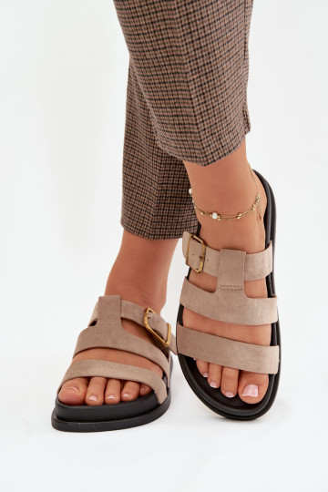 Damen-Pantoletten mit Riemchen in Goldfarbe und Sand-Schnallen 2