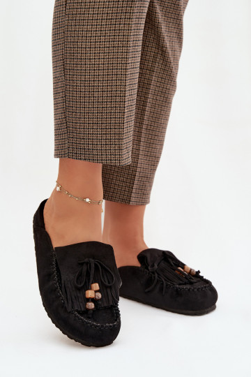 Damen-Mules mit Fransen in korallenrot und Schwarz 2