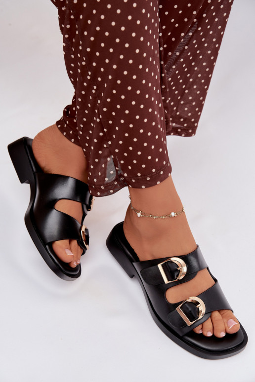 Damenhausschuhe Ze goldene Farbemi mit Schnallenmi schZuarze Farbe Danelle