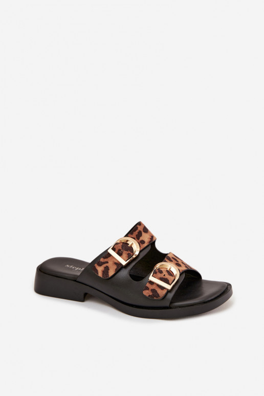 Damenhausschuhe Ze goldene Farbemi mit Schnallenmi mit Leopardenfellmuster schZuarz und braun Danelle