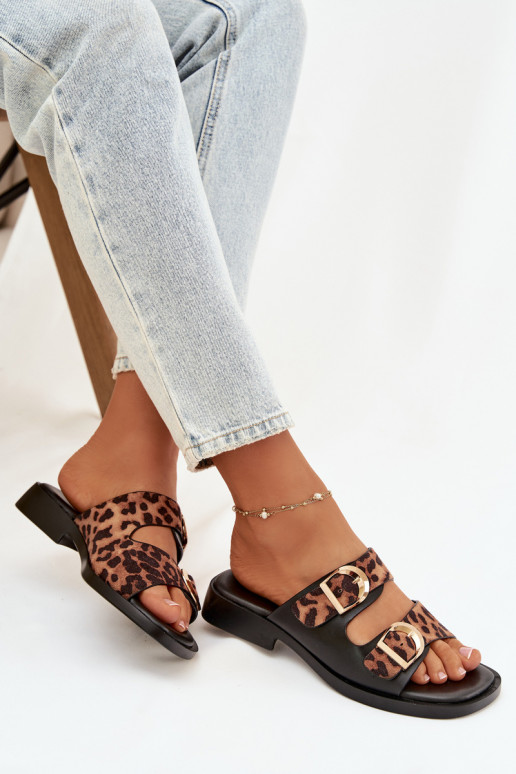 Damenhausschuhe Ze goldene Farbemi mit Schnallenmi mit Leopardenfellmuster schZuarz und braun Danelle