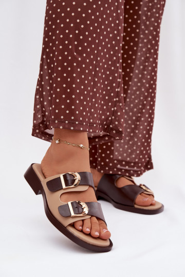 Damenhausschuhe Ze goldene Farbemi mit Schnallenmi Beige-braune Farbe Danelle 2