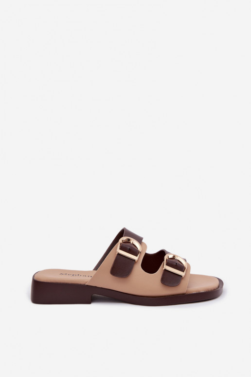 Damenhausschuhe Ze goldene Farbemi mit Schnallenmi Beige-braune Farbe Danelle