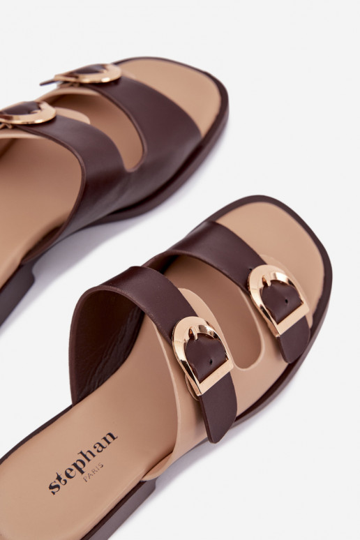 Damenhausschuhe Ze goldene Farbemi mit Schnallenmi Beige-braune Farbe Danelle