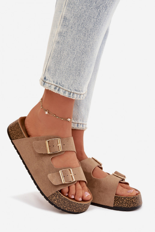 Damenhausschuhe mit einer Plattform Ze goldene Farbemi mit Schnallenmi Beige Tovessa