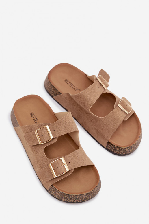 Damenhausschuhe mit einer Plattform Ze goldene Farbemi mit Schnallenmi Beige Tovessa