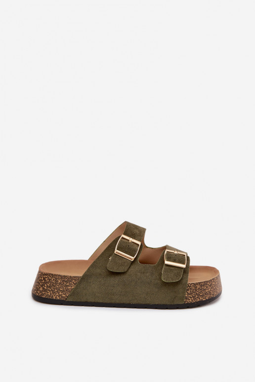 Damenhausschuhe mit einer Plattform Ze goldene Farbemi mit Schnallenmi grüne Farbe Tovessa