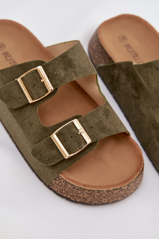 Damenhausschuhe mit einer Plattform Ze goldene Farbemi mit Schnallenmi grüne Farbe Tovessa