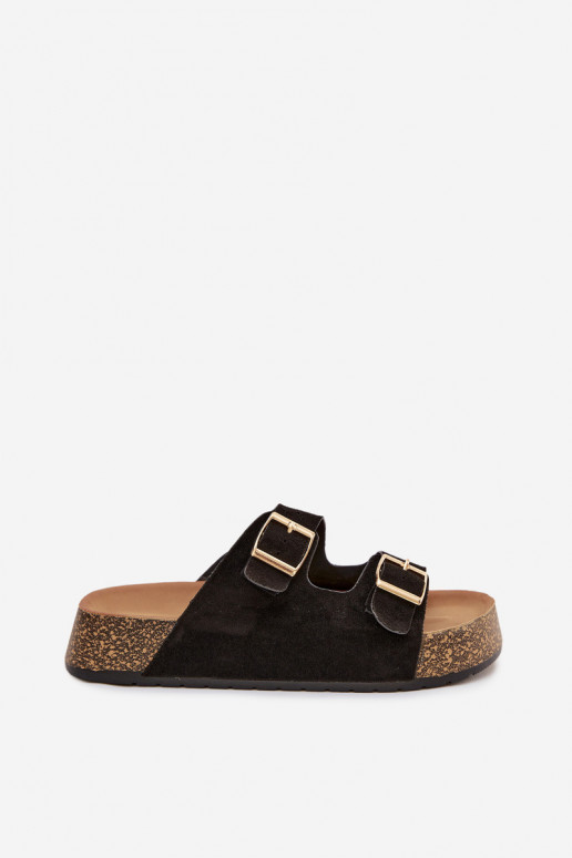 Damenhausschuhe mit einer Plattform Ze goldene Farbemi mit Schnallenmi schZuarze Farbe Tovessa