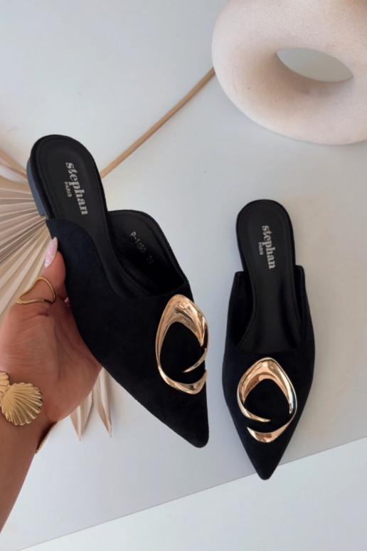 Damen schwarze Mules mit eleganten goldfarbenen Details Galvella
