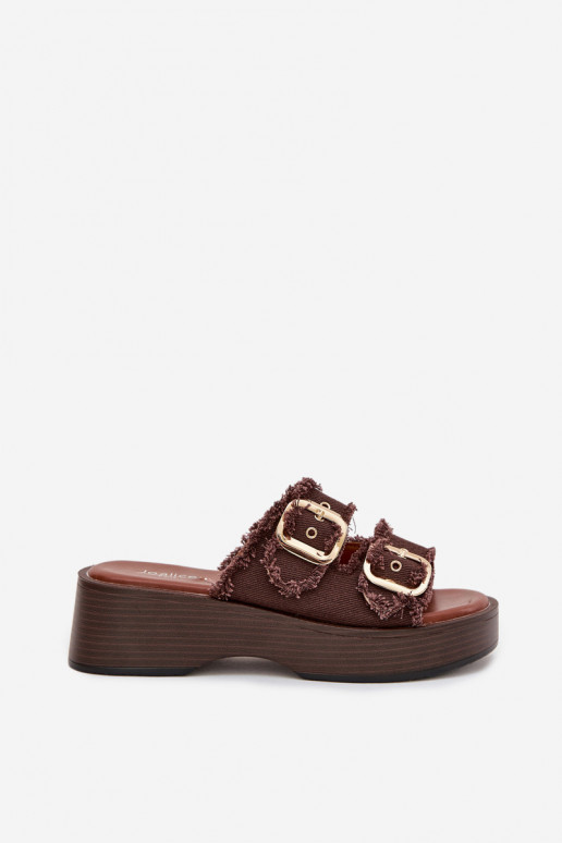Damen-Pantoletten mit Plateau in Goldfarbe und Schokoladenschnallen