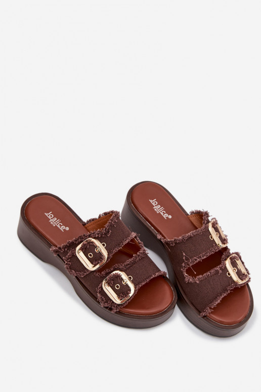 Damen-Pantoletten mit Plateau in Goldfarbe und Schokoladenschnallen