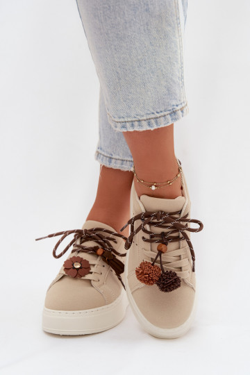 Sandfarbene Corinna Damen Plattform Sport Sneakers mit dekorativen Pompons 2