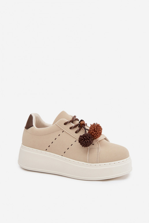 Sandfarbene Corinna Damen Plattform Sport Sneakers mit dekorativen Pompons