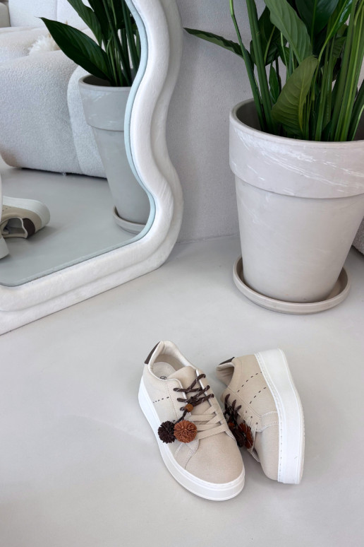 Sandfarbene Corinna Damen Plattform Sport Sneakers mit dekorativen Pompons