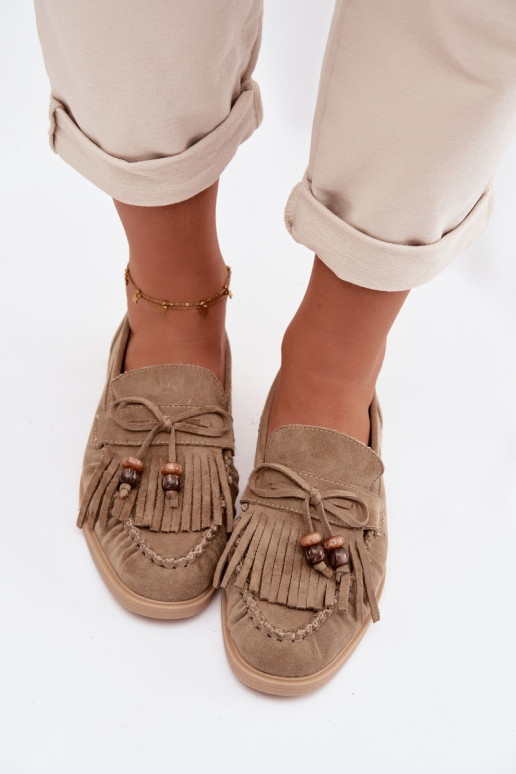 Mokassins für Damen mit Fransen I Korallenfarbeikami grüne Farbe Teressa