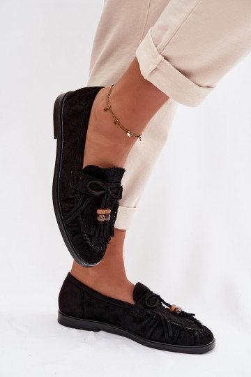 Mokassins für Damen mit Fransen I Korallenfarbeikami schZuarze Farbe Teressa