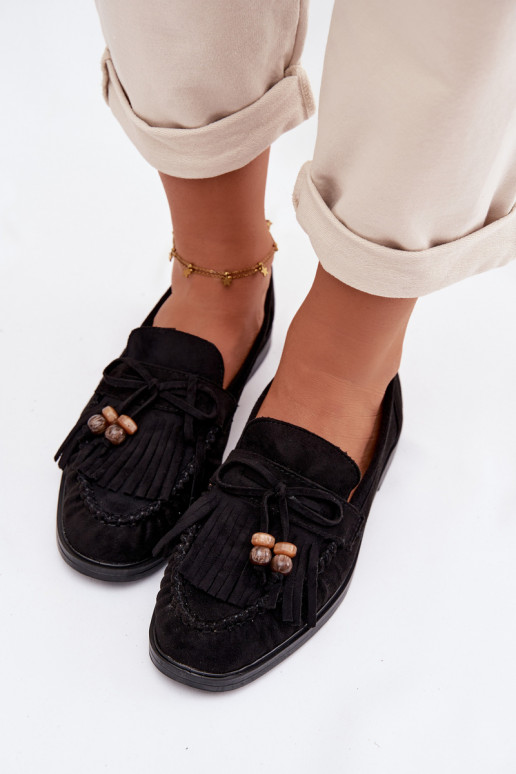 Mokassins für Damen mit Fransen I Korallenfarbeikami schZuarze Farbe Teressa