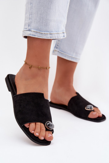 Damen flache Pantoletten mit dekorativen Details aus Kunstvelours, schwarz, Selavine 2