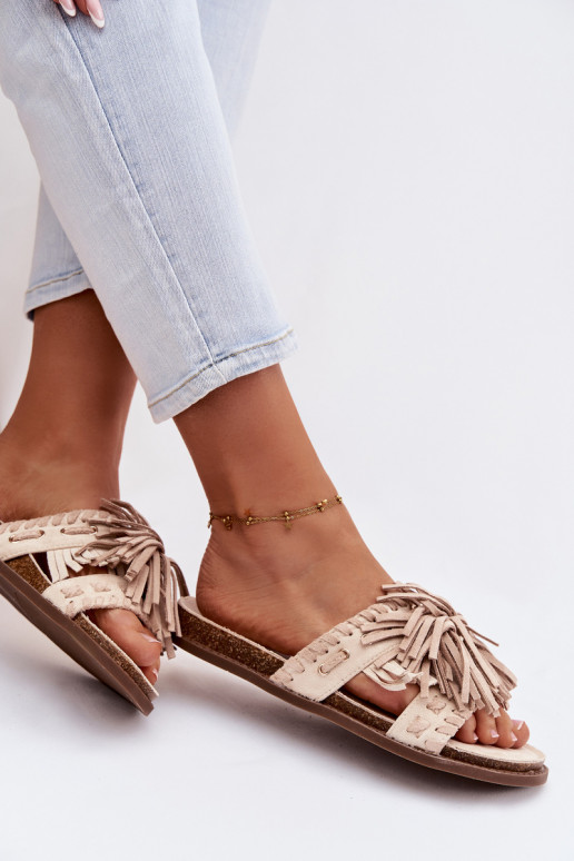 Damenhausschuhe mit Fransen Beige Glorinna