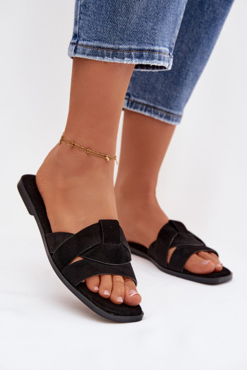 Damen schwarze flache Pantoletten mit Riemchen aus Kunstwildleder Florane
