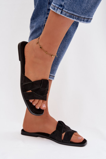 Damen schwarze flache Pantoletten mit Riemchen aus Kunstwildleder Florane 2