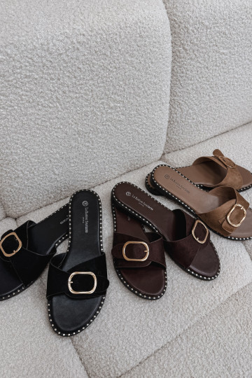 Damenhausschuhe mit breiten Absätzen mit goldenen Schnallen schZuarze Farbe Selivelle 2