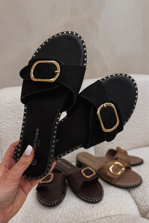 Damenhausschuhe mit breiten Absätzen mit goldenen Schnallen schZuarze Farbe Selivelle