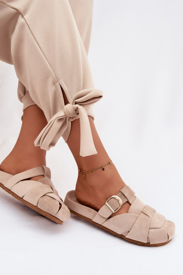 Damenhausschuhe Mule mit Streifen I Złotą mit Schnallen Beige Ganelle