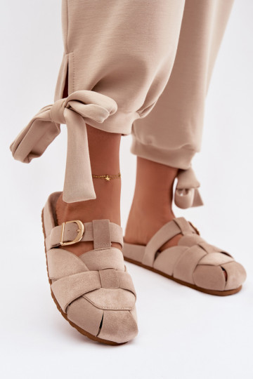 Damenhausschuhe Mule mit Streifen I Złotą mit Schnallen Beige Ganelle 2