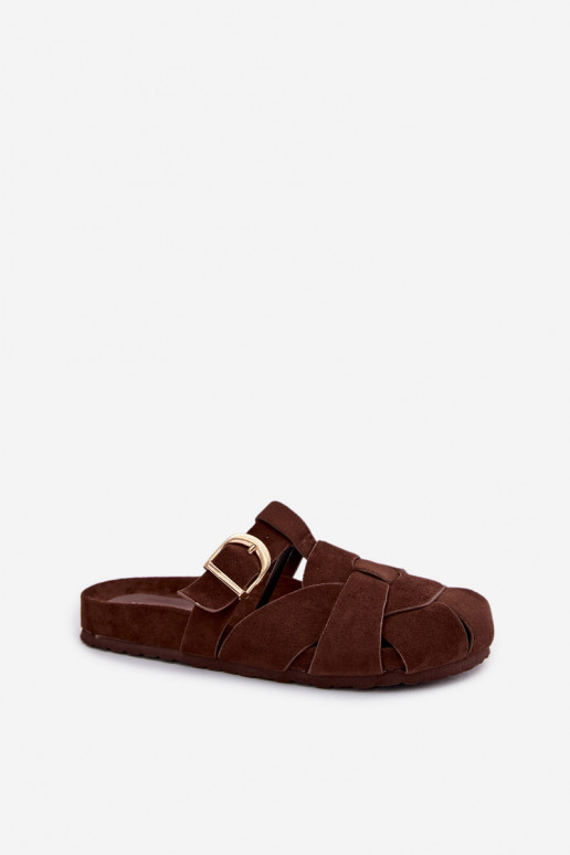 Damenhausschuhe Mule mit Streifen I Złotą mit Schnallen CzekoladoZue Ganelle