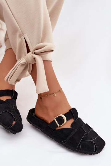 Damen Mules mit Riemchen und goldenen Schnallen in schwarzer Ganelle