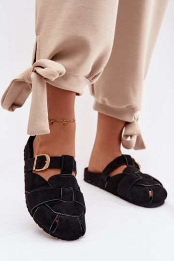 Damenhausschuhe Mule mit Streifen I Złotą mit Schnallen schZuarze Farbe Ganelle 2