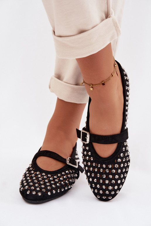 Ballerinas Feminin mit durchbrochenen Elementen mit blitzenden Augen I Streifenem schZuarze Farbe INilvessa