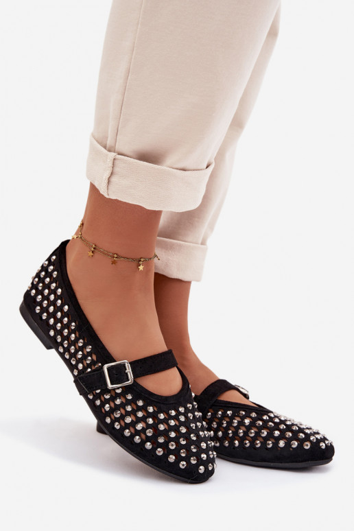 Ballerinas Feminin mit durchbrochenen Elementen mit blitzenden Augen I Streifenem schZuarze Farbe INilvessa