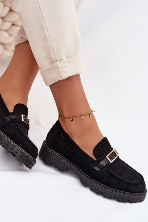 Mokassins für Damen mit goldenen Schnallen schZuarze Farbe Mirelva
