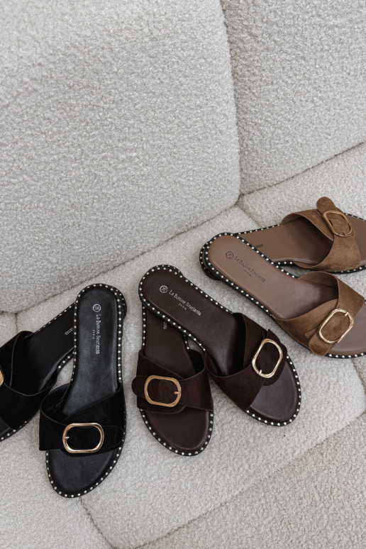 Damen Pantoletten mit breiten Absätzen und goldenen Schnallen in Schwarz Selivelle