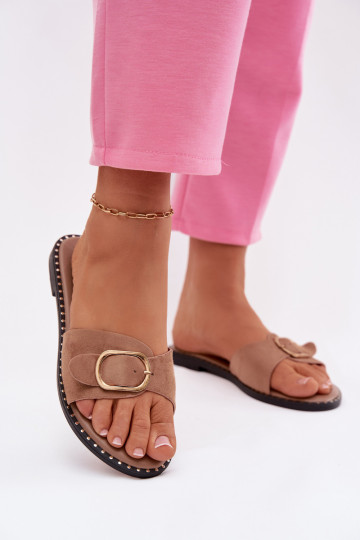 Damen Pantoletten mit breiten Absätzen und goldenen Schnallen in Braun Selivelle