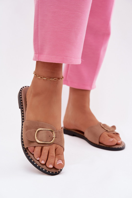 Damen Pantoletten mit breiten Absätzen und goldenen Schnallen in Braun Selivelle