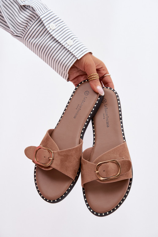 Damen Pantoletten mit breiten Absätzen und goldenen Schnallen in Braun Selivelle