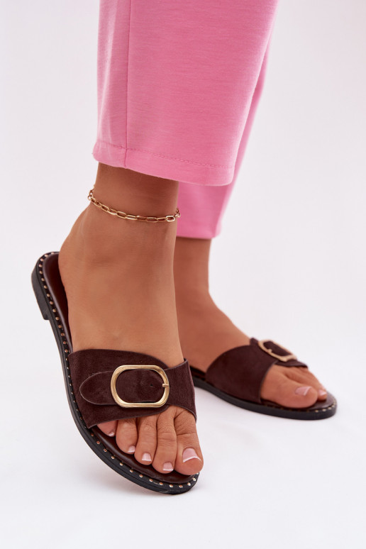 Damen Pantoletten mit breiten Absätzen und goldenen Schnallen in Schokoladenfarbe Selivelle