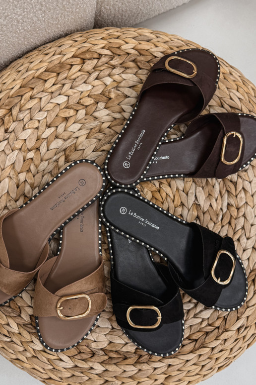 Damen Pantoletten mit breiten Absätzen und goldenen Schnallen in Schokoladenfarbe Selivelle