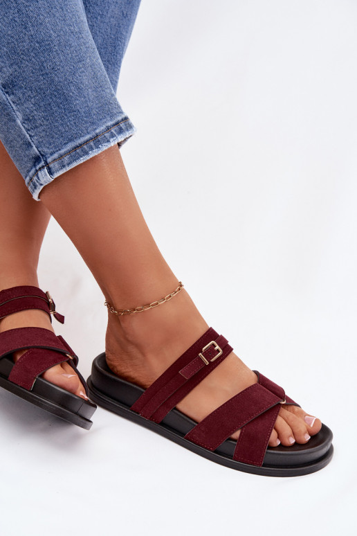 Damenhausschuhe mit Streifen I Złotą mit Schnallen Burgund Selorina