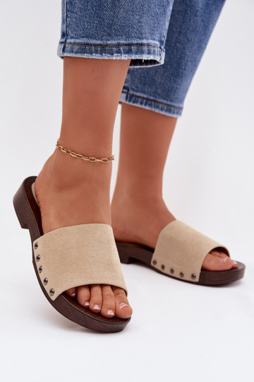 Damenhausschuhe mit Nieten mit breiten Absätzen Beige Amelvessa 2