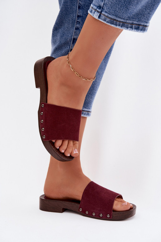 Damenhausschuhe mit Nieten mit breiten Absätzen Burgund Amelvessa