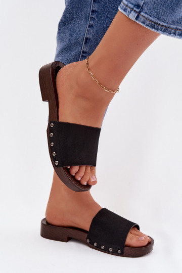 Damenhausschuhe mit Nieten mit breiten Absätzen schZuarze Farbe Amelvessa