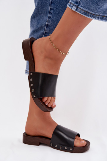 Damenhausschuhe mit Nieten mit breiten Absätzen schZuarze Farbe Brinalle